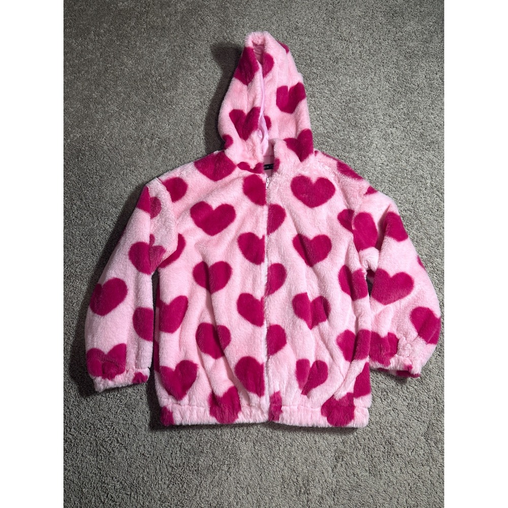 SHEIN Pink Heart Print Faux Fur Zip Up Hoodie Jacket Medium Y2K style